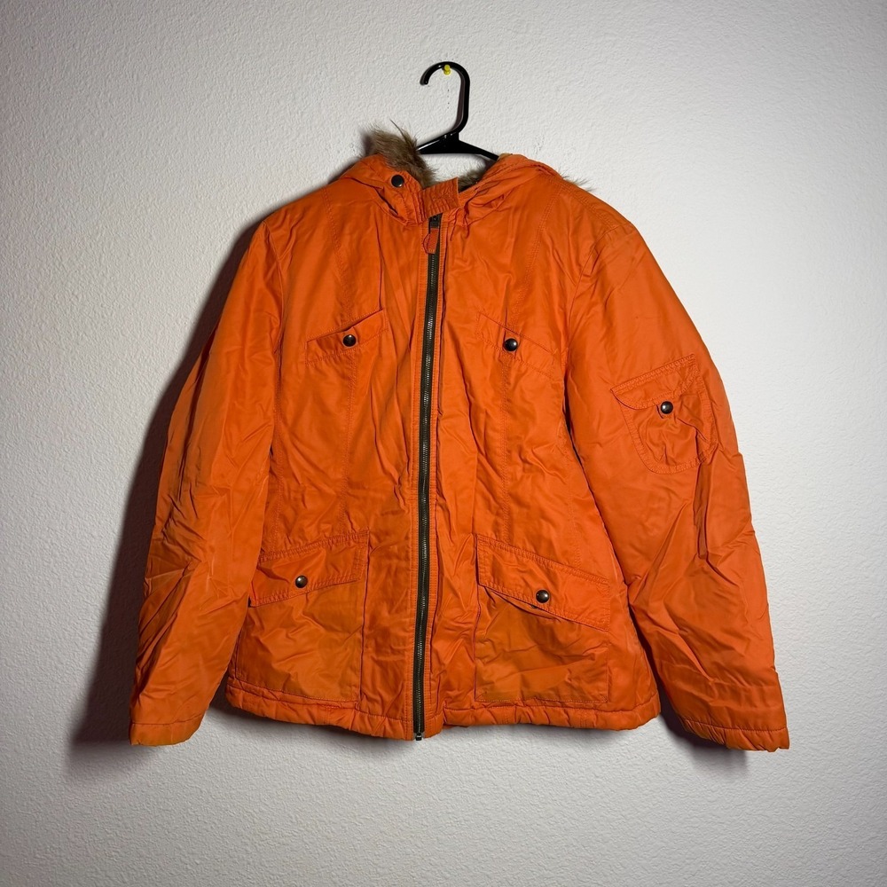 Tommy Hilfiger Hooded Jacket Womens XL Orange Pocket Long Sleeve Winter Full Zip